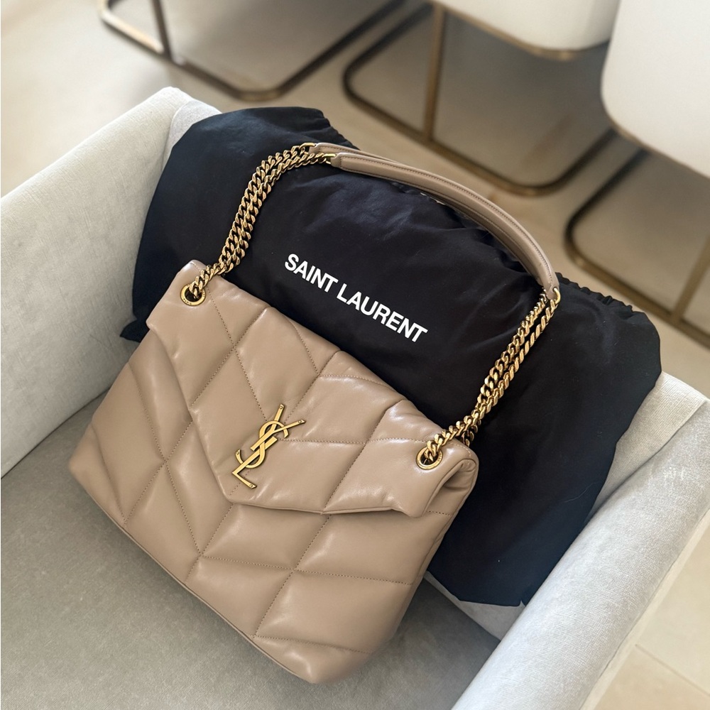 Saint Laurent Taupe Quilted Leather Bag with Gold Chain